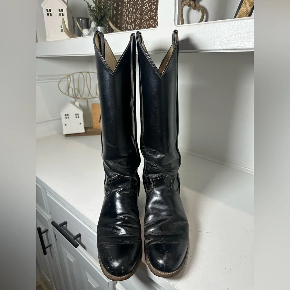 Justin Western Boots Womens 7.5B Black Leather Cowboy Boots USA Made Classic - Picture 2 of 10